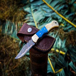 Couteau pliant en acier damas couteau de camping de poche de survie en plein air efficace étui en cuir pour la chasse livraison directe disponible - Product Image 1