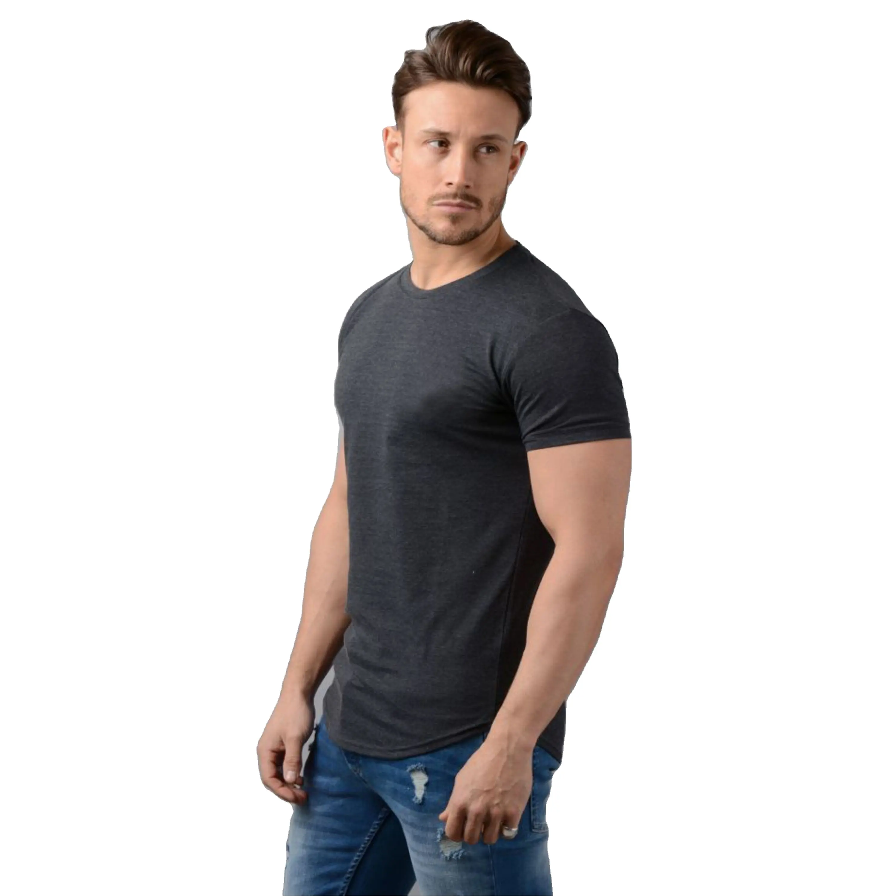 Streetwear Mens Slim Fit Long Sleeve T Shirt Top OEM Longline Curved Hem T Shirt Light Weight 93% Cotton 7% Elastane Gym T Shirt