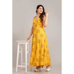 SHKUP1363 sin mangas mostaza Floral estampado Fit Flare Maxi vestido diseño personalizado elegante aberturas translúcido característica libre para el día - Product Image 3