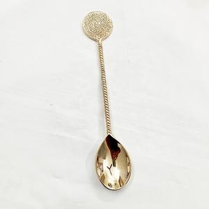 Sunflower Handle Top Serving Spoon & Fork Flatware Set Brass Stem Handle <b>Gold</b> Mirror Polished serving spoon & Fork - Product Image 2