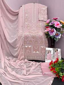 Heavy Faux Georgette con bordado pesado y trabajo de secuencia con traje paquistaní Top Less a un precio asequible - Product Image 5