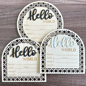 Arch Boho en bois nouveau-né Hello World signe d'annonce de naissance bébé jalons carte bébé naissance panneau d'information pour bébé douche - Product Image 3