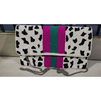 Tas Clutch Wanita 3in1 Motif Leopard dengan Rantai, Buatan Tangan India, Berpayet dan Manik-Manik, Penutup Ritsleting, untuk Pesta Malam