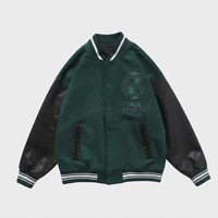 Veste de baseball personnalisée verte avec manches en cuir noir pour hommes et femmes, veste bomber Letterman, broderie personnalisée