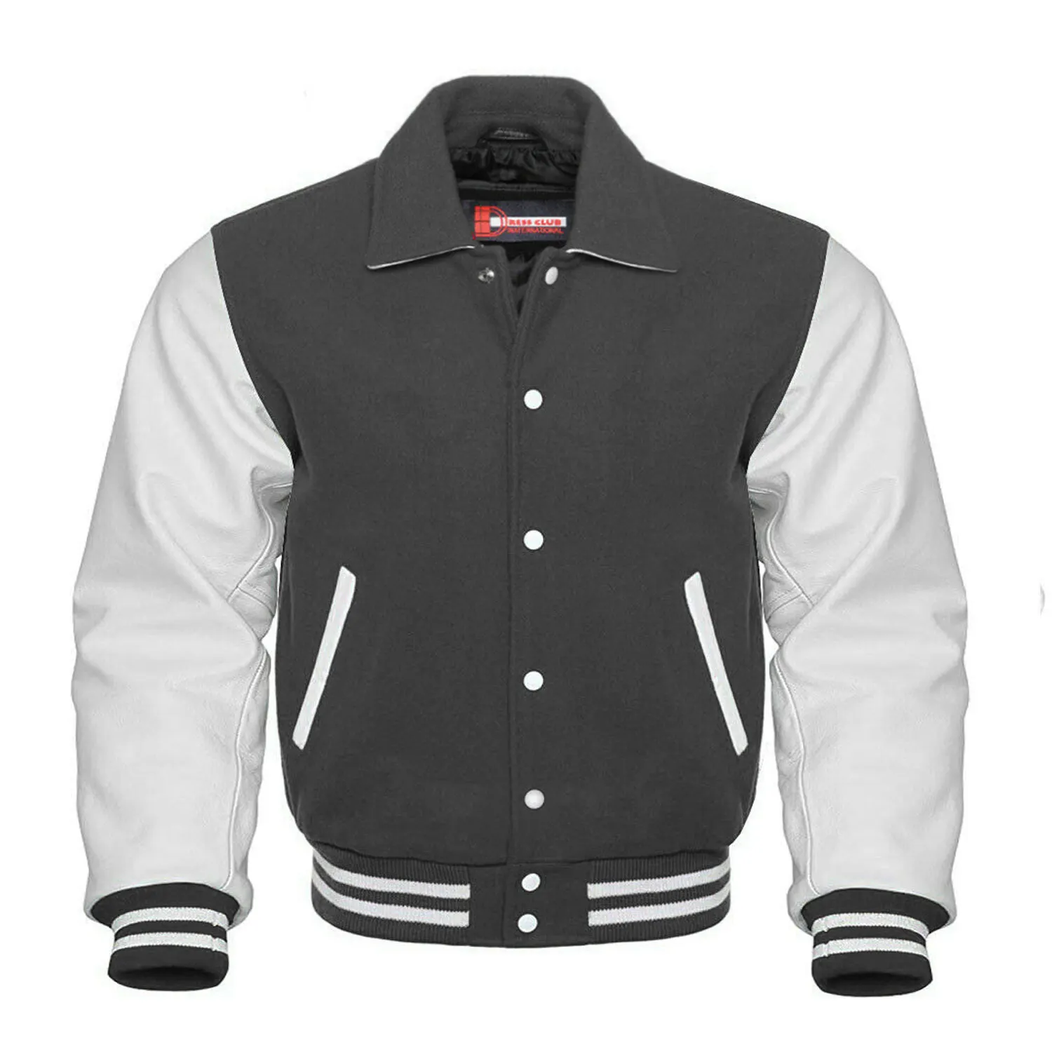 Custom Good Quality OEM Stylish Oversize Unisex Baseball Jackets/Mens Complete Grey With White Real Leather Collar Varsity Jacke