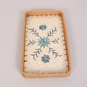 ถาดเสิร์ฟทรงสี่เหลี่ยมผืนผ้าลายดอกไม้ฝังมุกและหวาย  สำหรับตกแต่งโต๊ะกาแฟและห้องครัว  ขายส่ง - Product Image 6