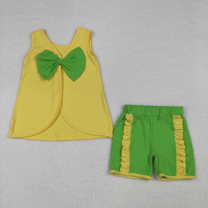RTS Girls Yellow Sleeveless Green Bows Tops Ruffle Shorts Set <b>Clothes</b> - Product Image 1