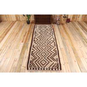 Vintage <b>Runner</b> <b>Rug</b> 3.2x9.4 ft (99x287 cm), Kilim Brown Southwestern Turkish <b>Rug</b> - Product Image 1