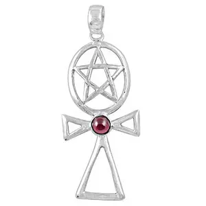 Colgante de Cruz Pentagrama de Plata 925 con Granate, Joyería Religiosa Wicca, Chapado en Rodio, Dije de Oro Rosa - Product Image 1
