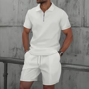 2025 hombres Europa y los Estados Unidos nuevo verano Waffle color sólido cremallera solapa manga corta traje pantalones cortos dos conjuntos - Product Image 4