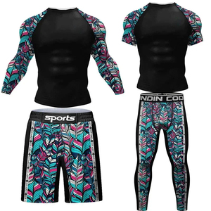 Men's Compression Rash Guard Set With <b>Feather</b> Print Shorts And Leggings Quick Dry Spandex Polyester Sport Wear - Product Image 1