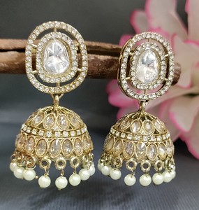 Classic <b>Fashionable</b> Moissanite Mehandi Polki Jhumki <b>Earrings</b> Sku 2210 C9 - Product Image 1