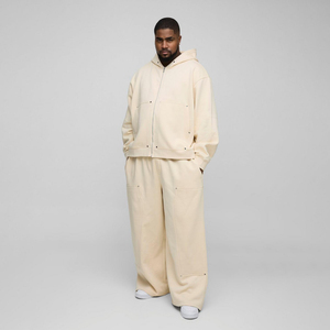 Survêtement ample zippé 220g grande taille pour homme, sweat à capuche et pantalon de survêtement en molleton épais à épaules tombantes, vêtements de sport streetwear imprimés pour le printemps - Product Image 1