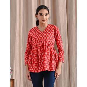 Red Jaipuri Block Printed Cotton Peplum <b>Top</b> Breathable Feature - Product Image 1