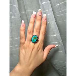 Navajo-Made Natural Sonoran Mountain <b>Turquoise</b> & Sterling Silver <b>Ring</b> Size 9.25 Bezel Setting Gift - Product Image 5