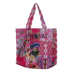 กระเป๋าโท้ทผ้าฝ้ายทำมือ 100% สไตล์วินเทจโบฮีเมียน ลายปะติดสีสันสดใส แบบสองสี กระเป๋าช้อปปิ้งอินเดีย กระเป๋าผู้หญิงแบบดั้งเดิม - Product Image 2