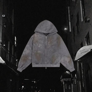 เสื้อฮู้ดดี้ผู้ชายคุณภาพพรีเมียม ซิปหน้า ผ้าเทอร์รี่หนา 450 กรัม ผ้าฝ้าย 100% สีพื้นเรียบ ดีไซน์เรียบง่าย สีซีดแบบโดนแดด ประดับคริสตัล - Product Image 2