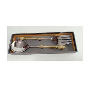 Juego de servir decorativo de metal, juego de servir ensalada pulida de plata de acero inoxidable, juego de servir comida con mango de pilar en relieve dorado - Product Image 1