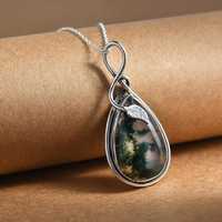 Collar con colgante de ágata musgosa con engaste de bisel, plata de ley, gran gema en forma de lágrima, joyería de lujo, pieza llamativa de ágata natural grande
