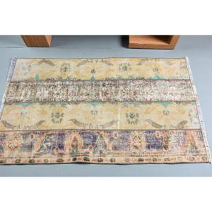 Tapis en laine turque vintage de 2.8x4,6 pieds, tissage plat patchwork beige et bleu pour décorations de salon avec support en latex - Product Image 3