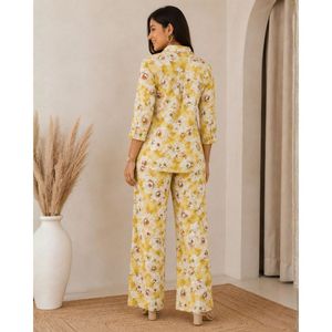 Ensemble coordonné en rayonne et coton à imprimé floral jaune, manches trois-quarts, style décontracté - Product Image 5