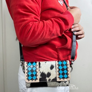 Handcrafted Designer Checkered <b>Board</b> Pattern Women Hand Tooled Leather Crossbody Wallet Genuine Cowhide Long Card Holder Handbag - Product Image 1