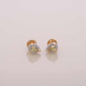 Boucles d'oreilles clous halo en diamant jaune poire de 0,64 carat, diamants de 0,14 carat, or jaune, blanc et rose 18 carats plaqué rhodium, style minimaliste pour soirée - Product Image 1
