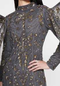 Robe longue en crêpe brodée et ornée, manches voilées, taille naturelle, travail manuel, perles, paillettes, robe de bal sexy et tendance - Product Image 3