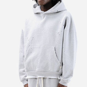 Sweat-shirt à capuche pour homme en molleton imprimé 100% coton gris chiné délavé, ourlet côtelé, style décontracté, automne, prix de gros, directement de l'usine - Product Image 1