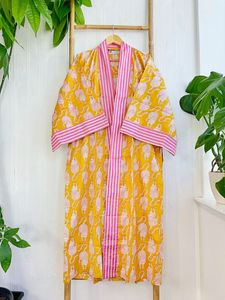 Pur coton indien bloc imprimé maison Robe été Kimono plage couverture confortable maternité frais jaune moutarde rose rayure - Product Image 3