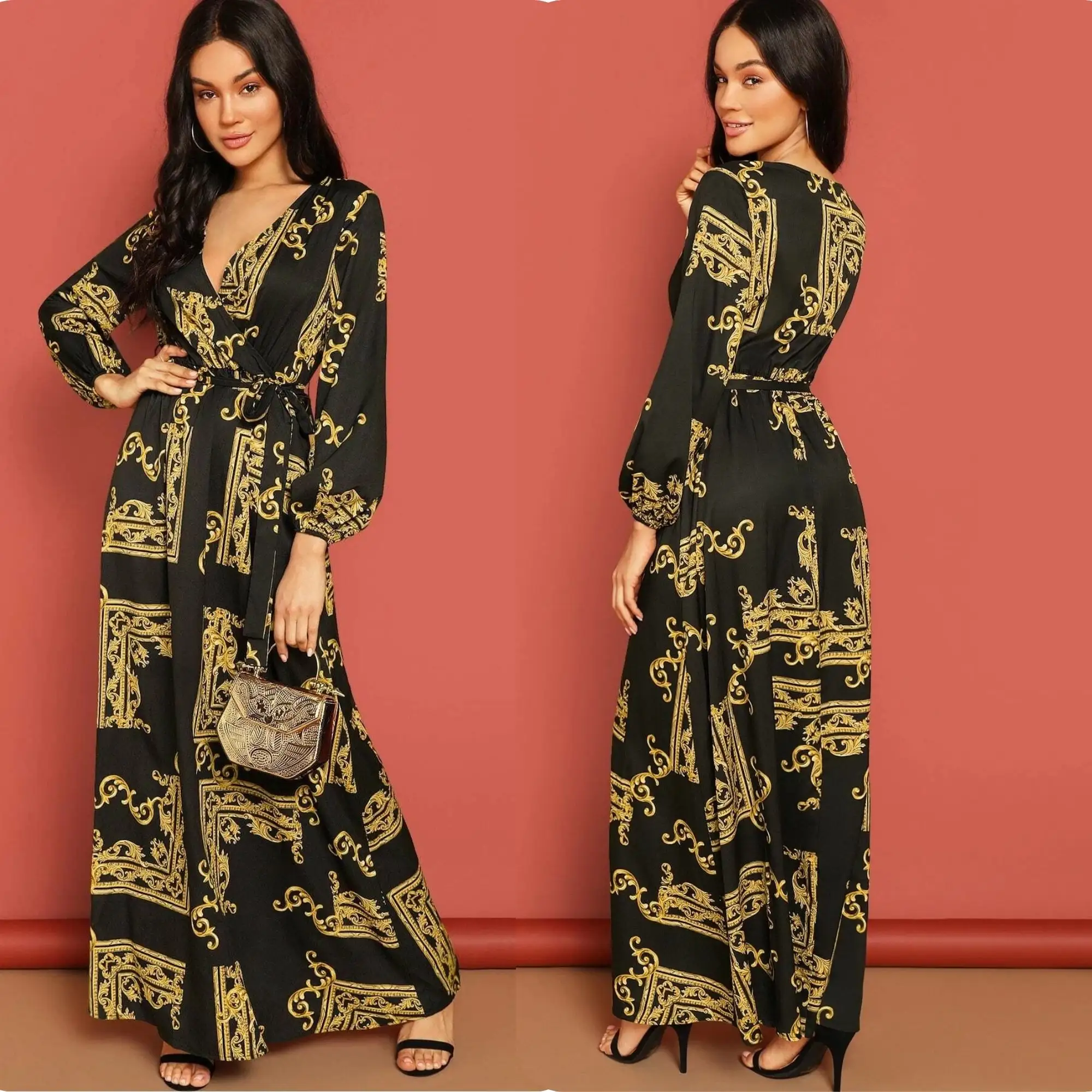 Premium Luxury Gold Royal Frame Printed Long Belt Style Linen Maxi Gown For Women Party Wear