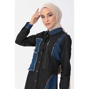 Ensemble décontracté noir MSW10074-1 en denim 2 pièces avec hauts longs mi-mollet à col rond et manches longues avec fermeture éclair - Product Image 2