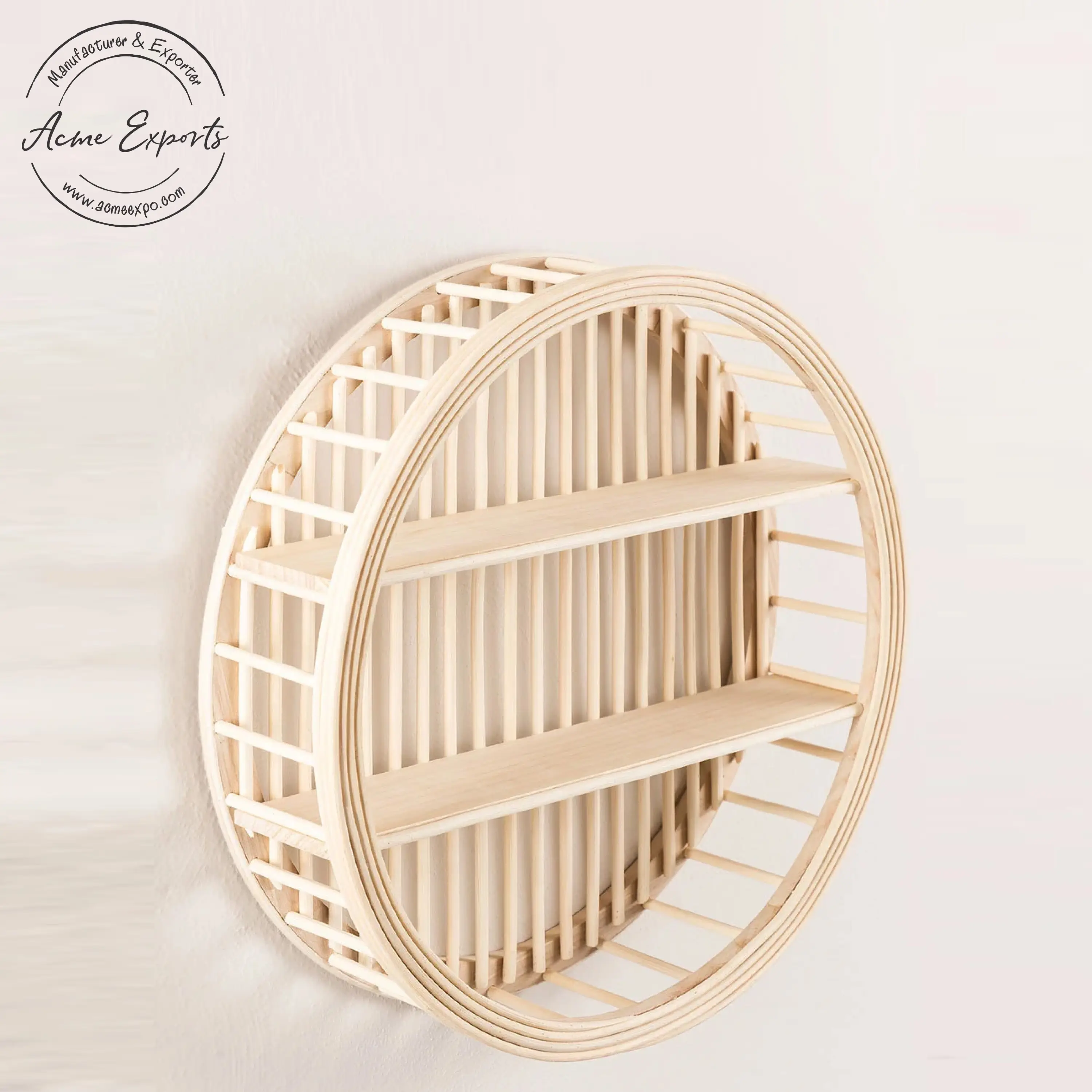 Wholesale Handmade Rustic 2 Tier Large Round Rattan Bamboo Wall Shelf with Natural Finished Used for Minimalist Interior Decor.