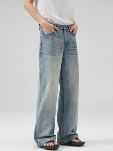 Jean en denim délavé taille haute pour homme, coupe ample, jambe large, style décontracté en coton, collection printemps - Product Image 3