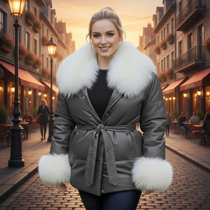Veste matelassée fine pour femme en cuir véritable avec col en fourrure de renard, fermeture éclair coupe-vent sur le devant, streetwear d'hiver - Product Image 1