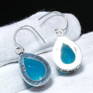 Boucles d'oreilles pendantes en argent sterling 925 faites à la main belle pierre précieuse calcédoine bleue prix de gros fêtes de charme chrétien - Product Image 4