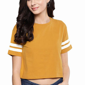 T-shirts personnalisés avec logo pour femmes, été chaud, coupe ajustée, col rond, haut court, respirant, coton polyester, tricot uni, couleur unie - Product Image 4