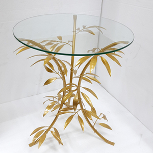 Mesa central Aluminio Material de vidrio transparente Base en forma de hoja Flor media Color dorado Parte superior redonda 20x20x25 pulgadas - Product Image 4