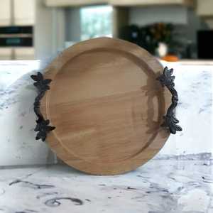 Plateaux de service ronds en bois de style ferme avec poignées personnalisées pour restaurants et hôtels - Product Image 2