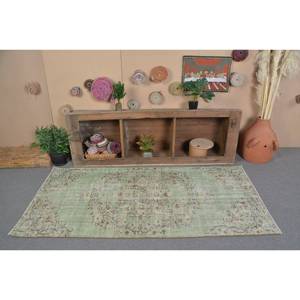 Vintage Turkish Rug Large Area 3.4 X 6.8ft Handmade Wool with Latex Backing Green Beige Patchwork Design for Hallway or Room - Product Image 3