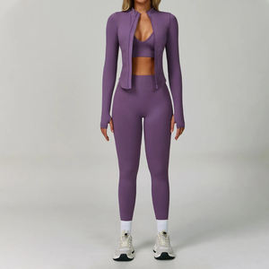 Ensemble de yoga trois pièces à taille haute élastique, comprenant un legging de compression, un soutien-gorge respirant à séchage rapide et une veste légère pour femme - Product Image 2
