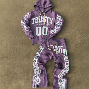 Conjunto de Chándal Personalizado con Lavado Ácido y Cremallera para Hombre, Diseño Desgastado con Estampado Puff, Sudadera con Capucha y Pantalones de Chándal de Tela de Rizo - Product Image 1