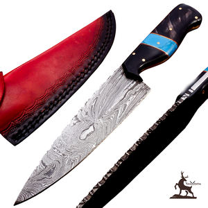 มีดเชฟเหล็กดามัสกัสทำด้วยมือวัสดุฮอร์นไม้ปลอกหนังลายบิดสำหรับ EDC งาน OEM ปรับแต่งได้ - Product Image 1