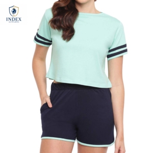 Conjunto de 2 Piezas de Ropa Deportiva para Mujer, Diseño Personalizado de Invierno, Color Verde Azulado, Tejido de Punto, Algodón, Corte Regular, Cuello Redondo, Manga Corta - Product Image 1