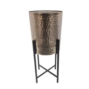 Jardinière ronde en métal martelé argenté de style unique et élégant avec support noir pour sol intérieur extérieur jardin fait à la main personnalisé - Product Image 3