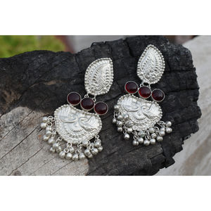 Aretes de Aro Grandes con Piedras, Diseño Tradicional, Hechos a Mano, con Aspecto de Plata, para Niñas y Mujeres - Product Image 1