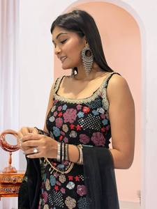 Sharara indien broderie travail femmes réversible cousu Georgette hiver Diwali traditionnel ethnique 3 pièces ensemble prêt à l'emploi - Product Image 6