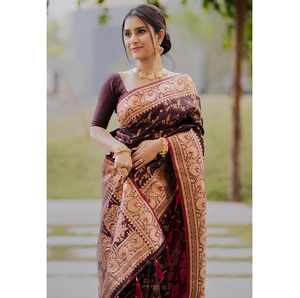 Trisha Mukherjee In Our Dark Maroon Banarasi Jaal Katan Silk Saree con intrincado tejido Zari perfecto para bodas - Product Image 6