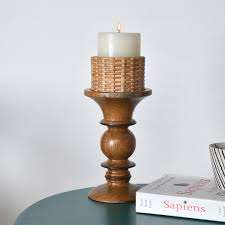 Soporte de pilar de vela de madera hecho a mano con estampado esmaltado, soporte de pilar de vela de esquina lateral de madera antigua Natural, portavelas de mesa - Product Image 5