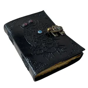 猫头鹰皮革日记本与石头图案复古皮革日记本黑色拼字书大祈祷装饰艺术纸笔记本日记本